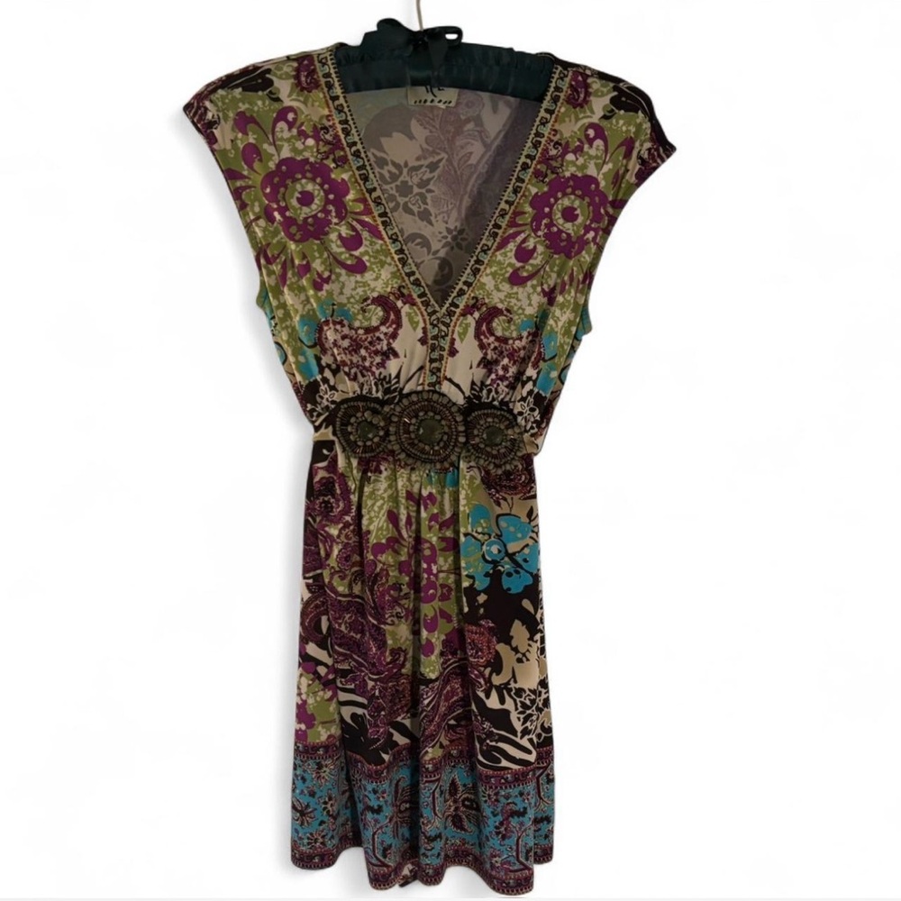 Boho Floral V-Neck Printed Dress with Embellished Waist
